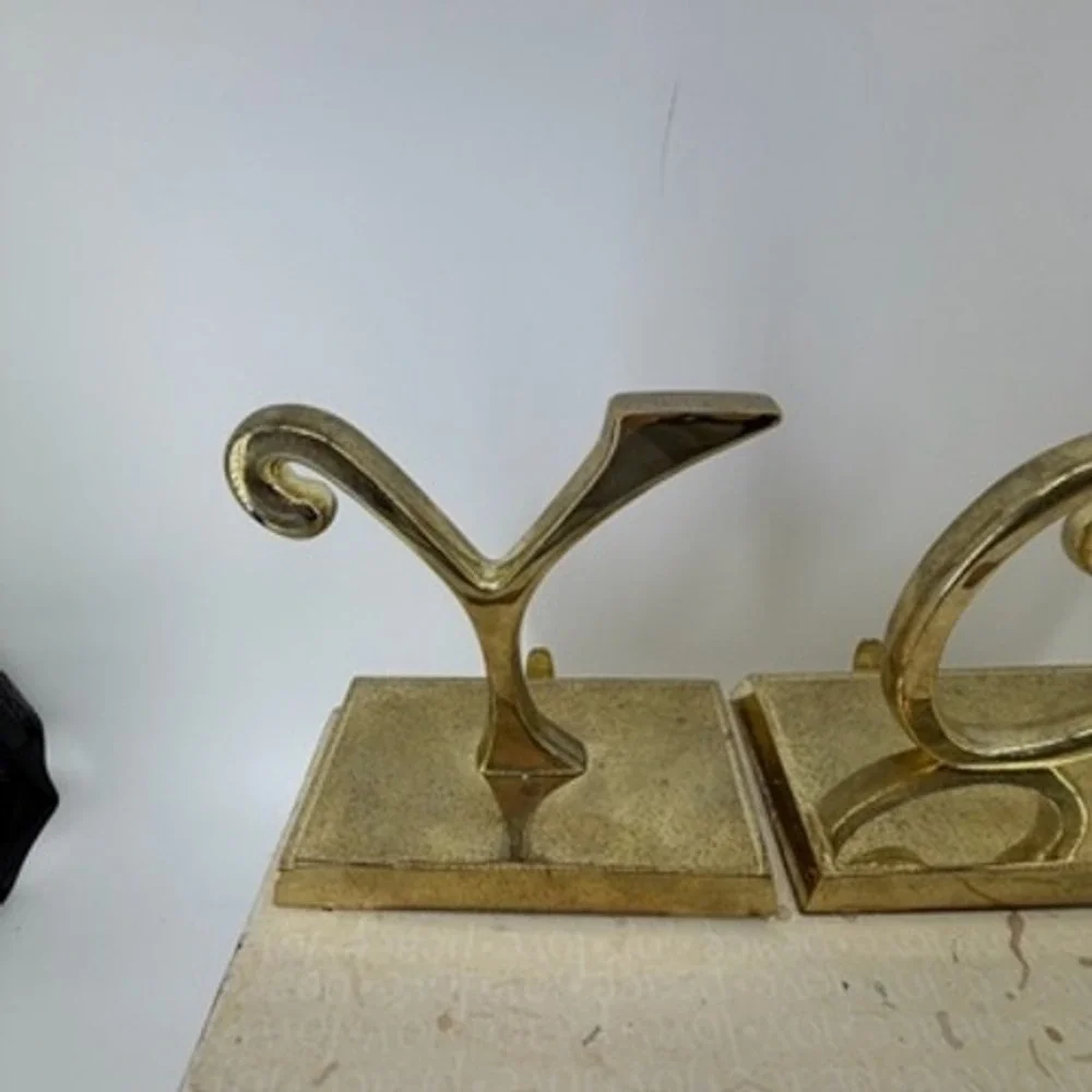 Pottery Barn JOY Stocking Holder Set Gold Tone Metal Weighted Mantel Decor 3pc